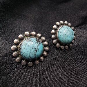 Vintage Sterling Silver Turquoise Earrings With Floral Design Round Cabochon